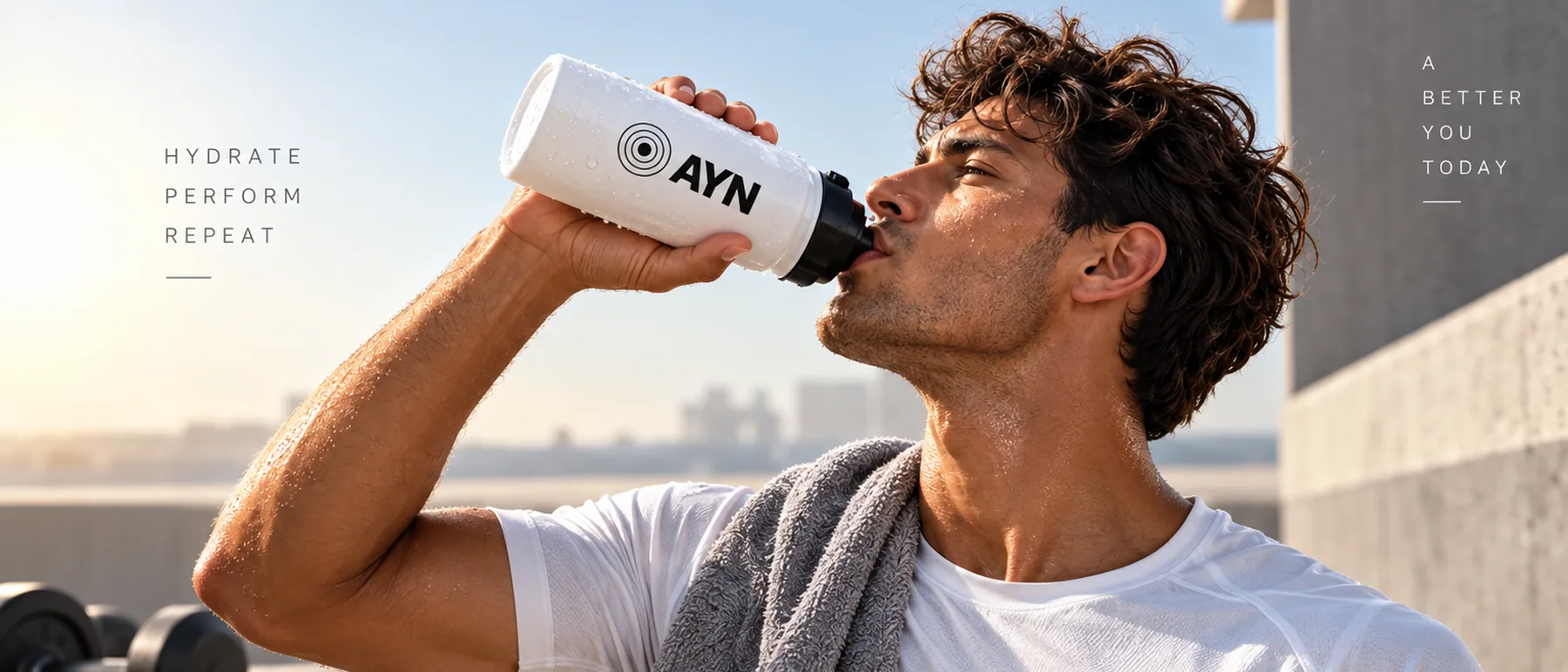 Un sportif boit à une gourde ayn en plein soleil
