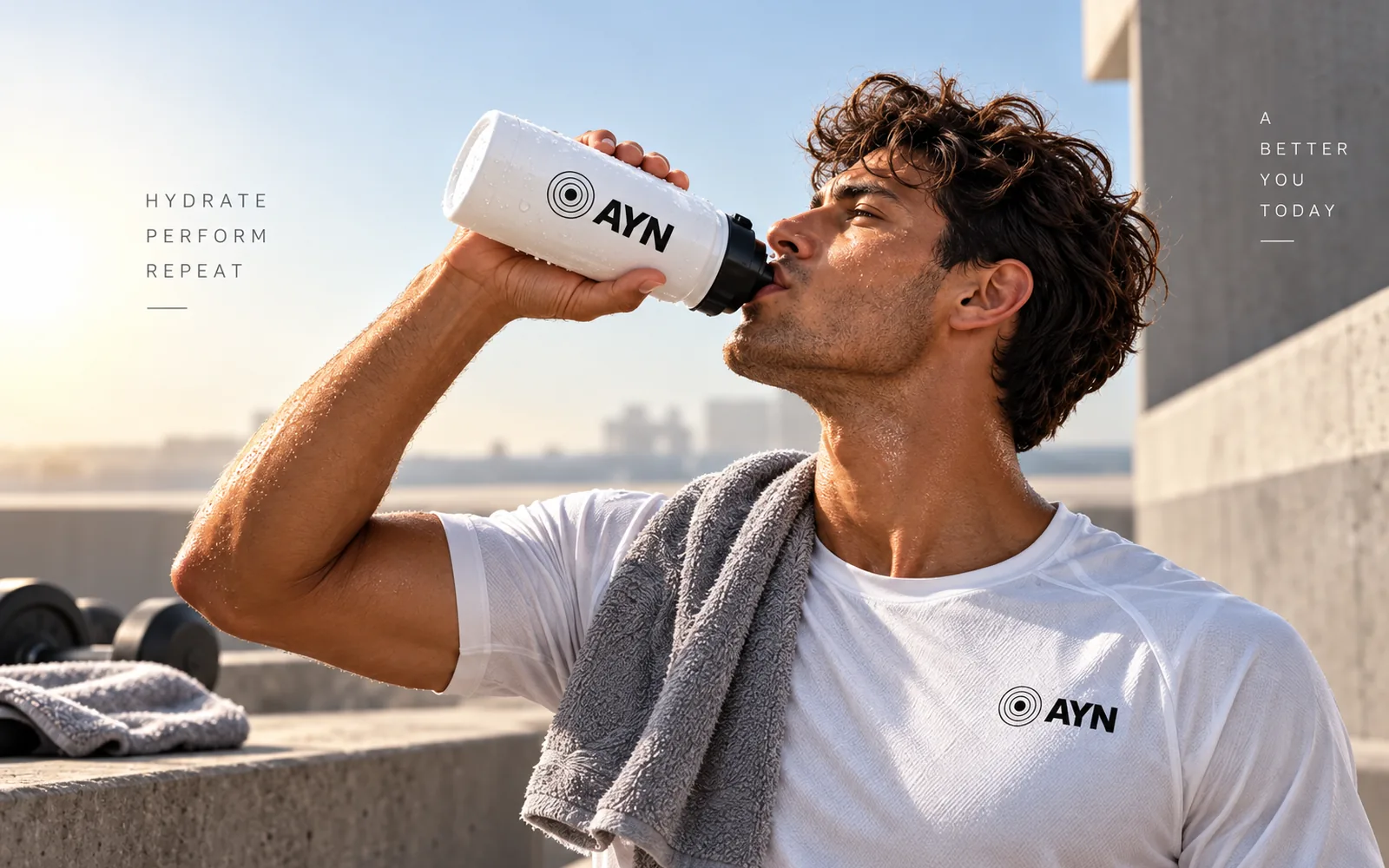 Un sportif boit à une gourde ayn en plein soleil